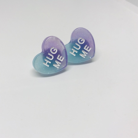 Hug Me Ombré Glitter Conversation Heart Earrings Cute Lover Candy Aesthetics - Picture 5 of 7
